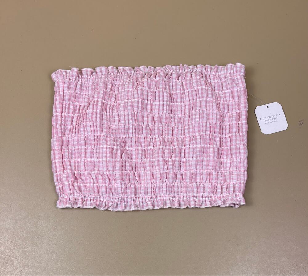 Pink Gingham Smocked Tube Top Strapless Ruffle Altar’d State XL NWT Cottagecore